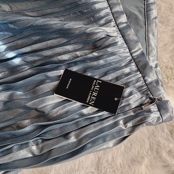 NEW Lauren Ralph Lauren Blue Metallic Pleated Chiffon Midi Skirt - Picture 9 of 15